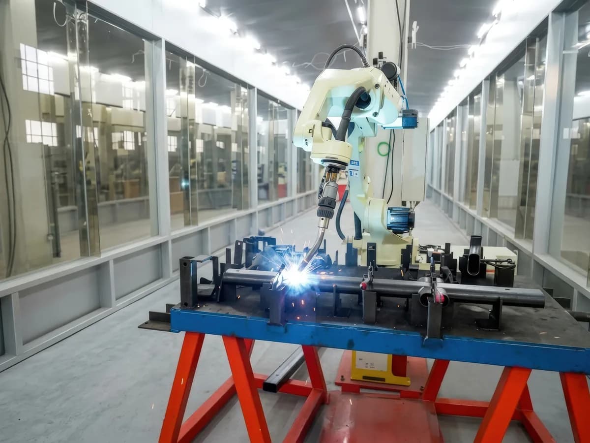 Robotic welding arm joining a machine frame on the production line