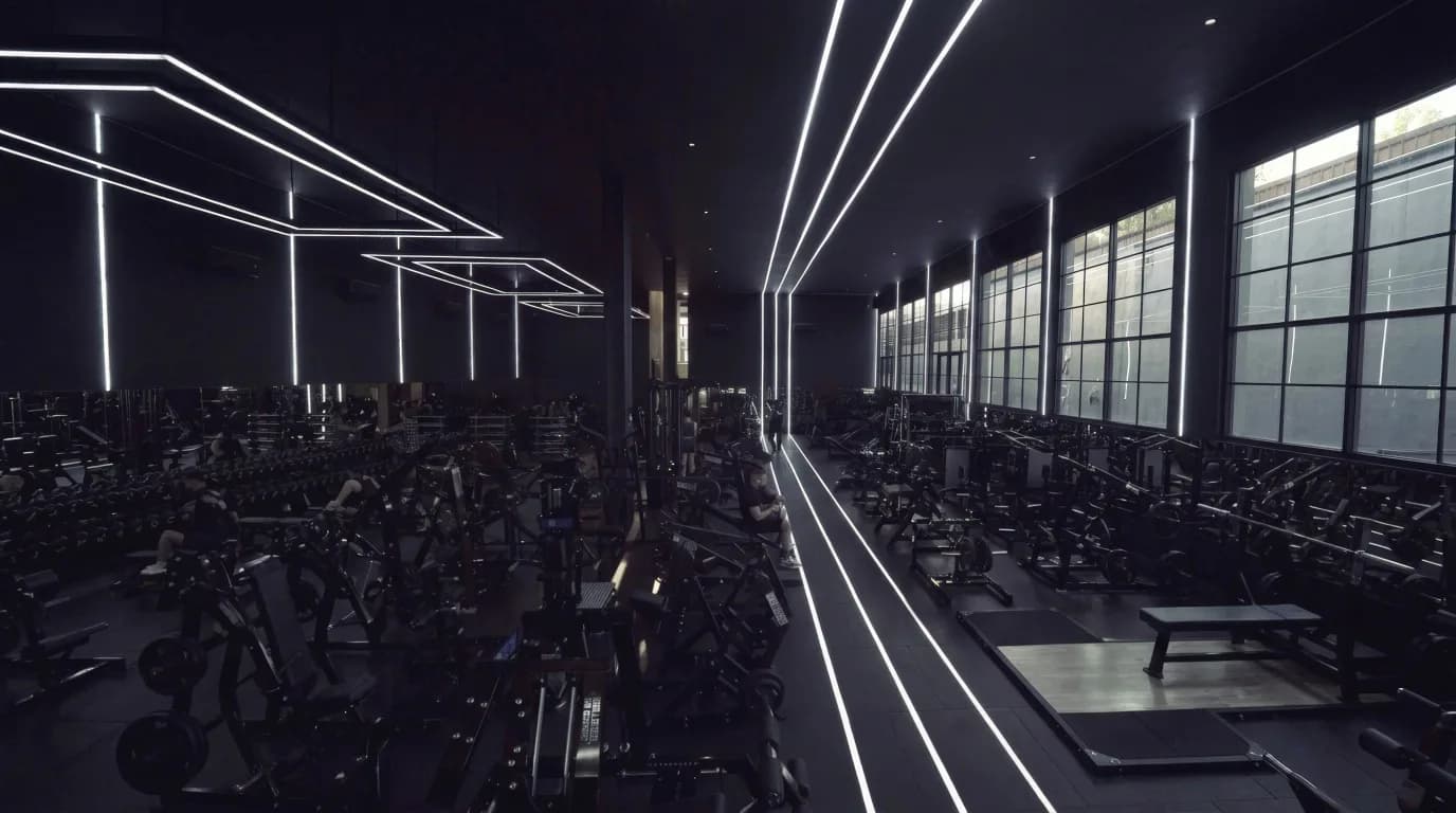 Fully equipped commercial fitness centre with strength area and dumbbell racks